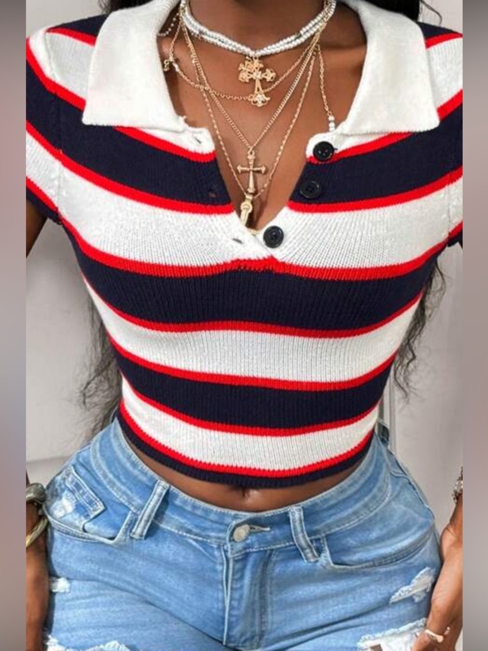 Striped Polo Crop Top - Navy/White/Red